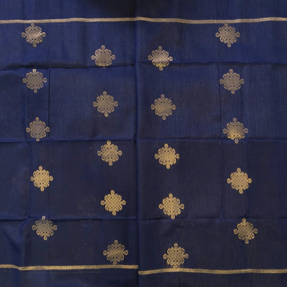 Dark blue semi tussar saree, with rich traditional zari weaving all over (thin, Textured) rich pallu, running blouse with zari woven buttas and borders. NS312