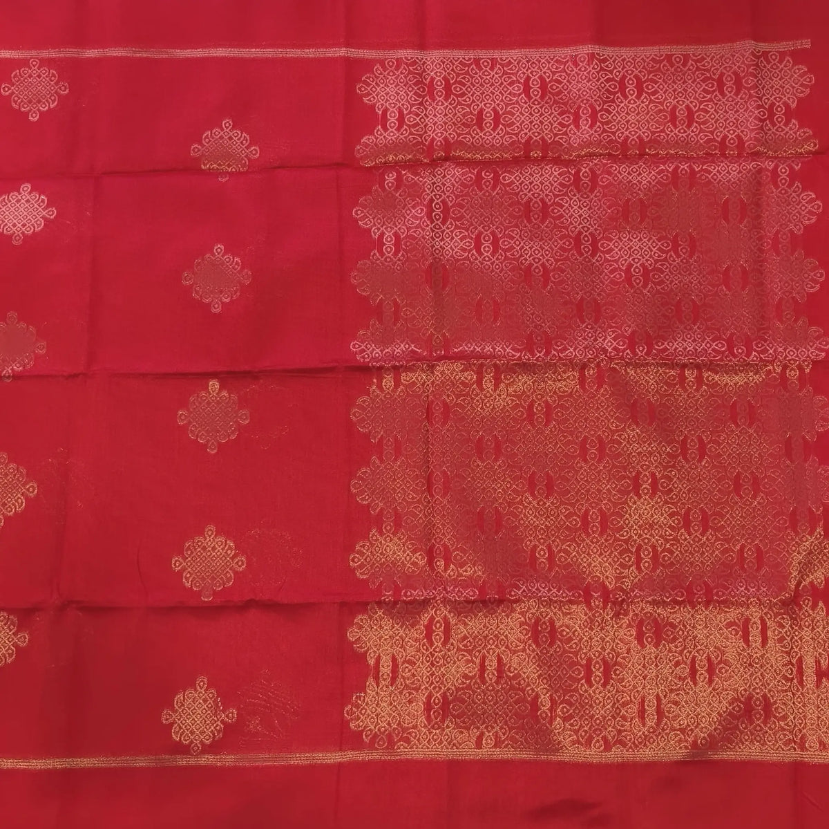 Red semi tussar saree, with rich traditional zari weaving all over (thin, Textured) rich pallu, running blouse with zari woven buttas and borders. NS311