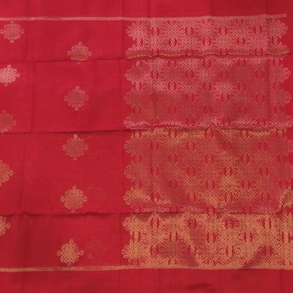 Red semi tussar saree, with rich traditional zari weaving all over (thin, Textured) rich pallu, running blouse with zari woven buttas and borders. NS311