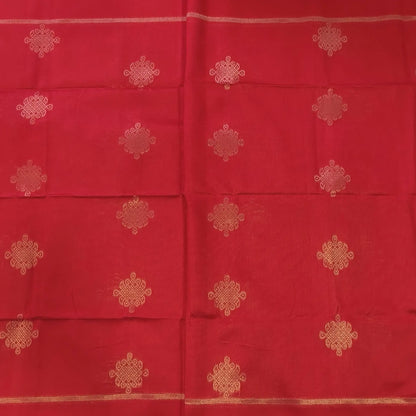 Red semi tussar saree, with rich traditional zari weaving all over (thin, Textured) rich pallu, running blouse with zari woven buttas and borders. NS311