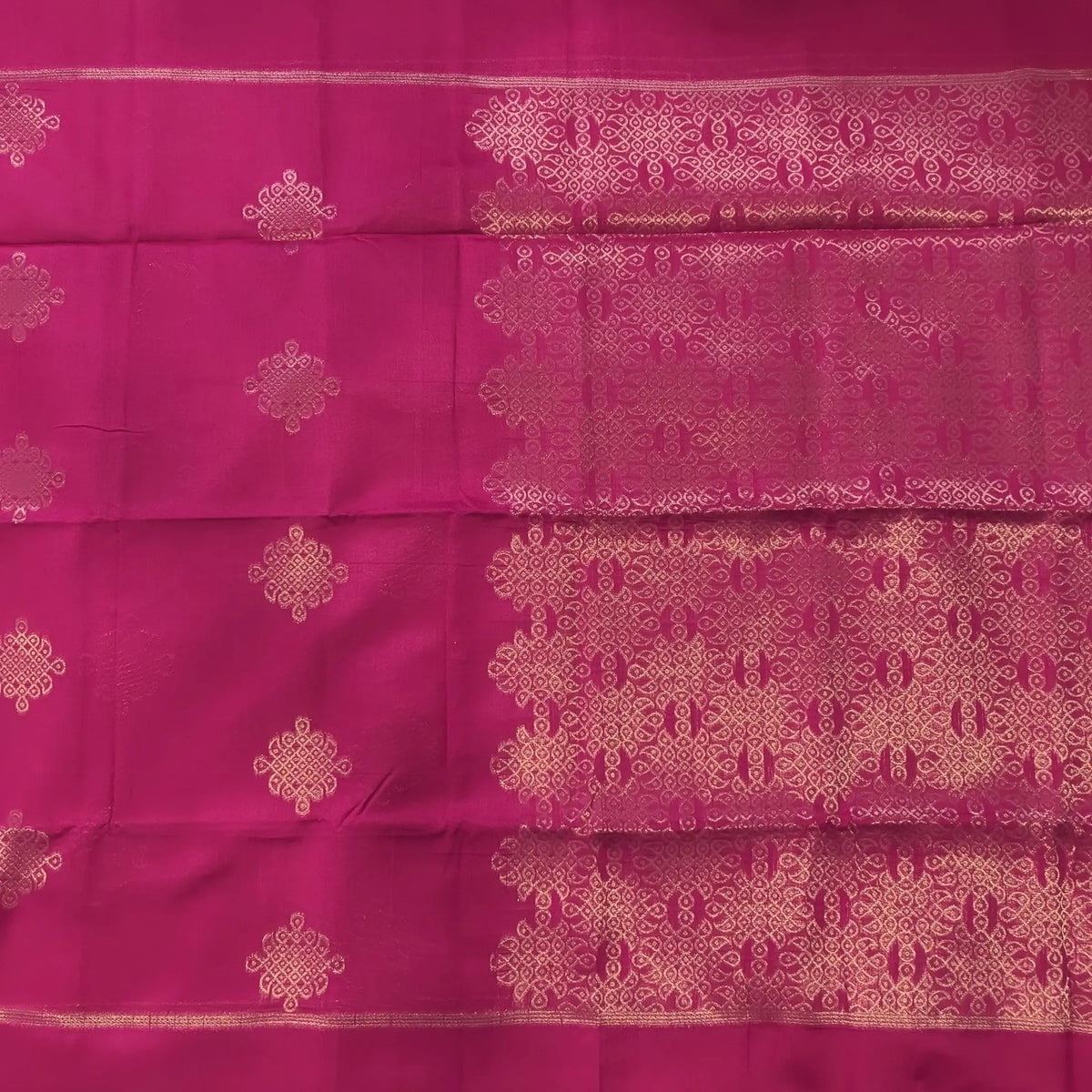 Bright pink semi tussar saree, with rich traditional zari weaving all over (thin, Textured) rich pallu, running blouse with zari woven buttas and borders. NS313