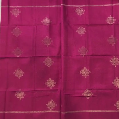 Bright pink semi tussar saree, with rich traditional zari weaving all over (thin, Textured) rich pallu, running blouse with zari woven buttas and borders. NS313