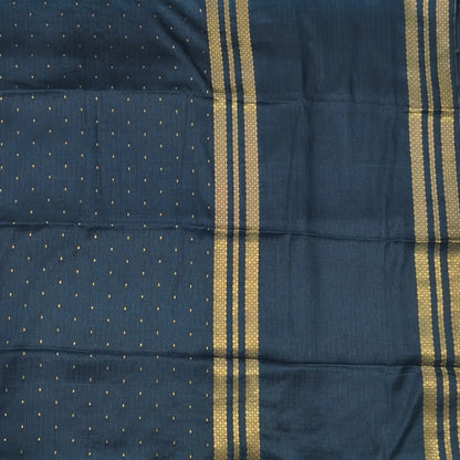 Dark teal blue viscous silk saree with zari buttas all over, thin double side zari borders (Thin, Soft) Striped pallu, zari and tissue striped running blouse. NS322