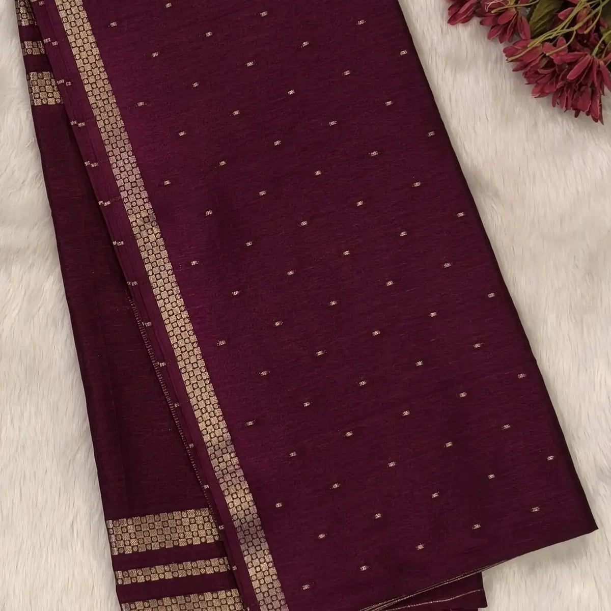 Dark beetroot purple viscous silk saree with zari buttas all over, thin double side zari borders (Thin, Soft) Striped pallu, zari and tissue striped running blouse. NS320