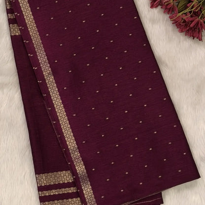 Dark beetroot purple viscous silk saree with zari buttas all over, thin double side zari borders (Thin, Soft) Striped pallu, zari and tissue striped running blouse. NS320