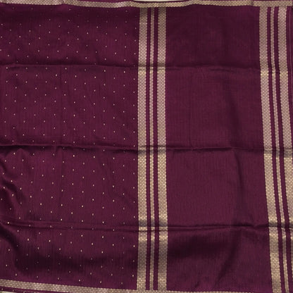 Dark beetroot purple viscous silk saree with zari buttas all over, thin double side zari borders (Thin, Soft) Striped pallu, zari and tissue striped running blouse. NS320