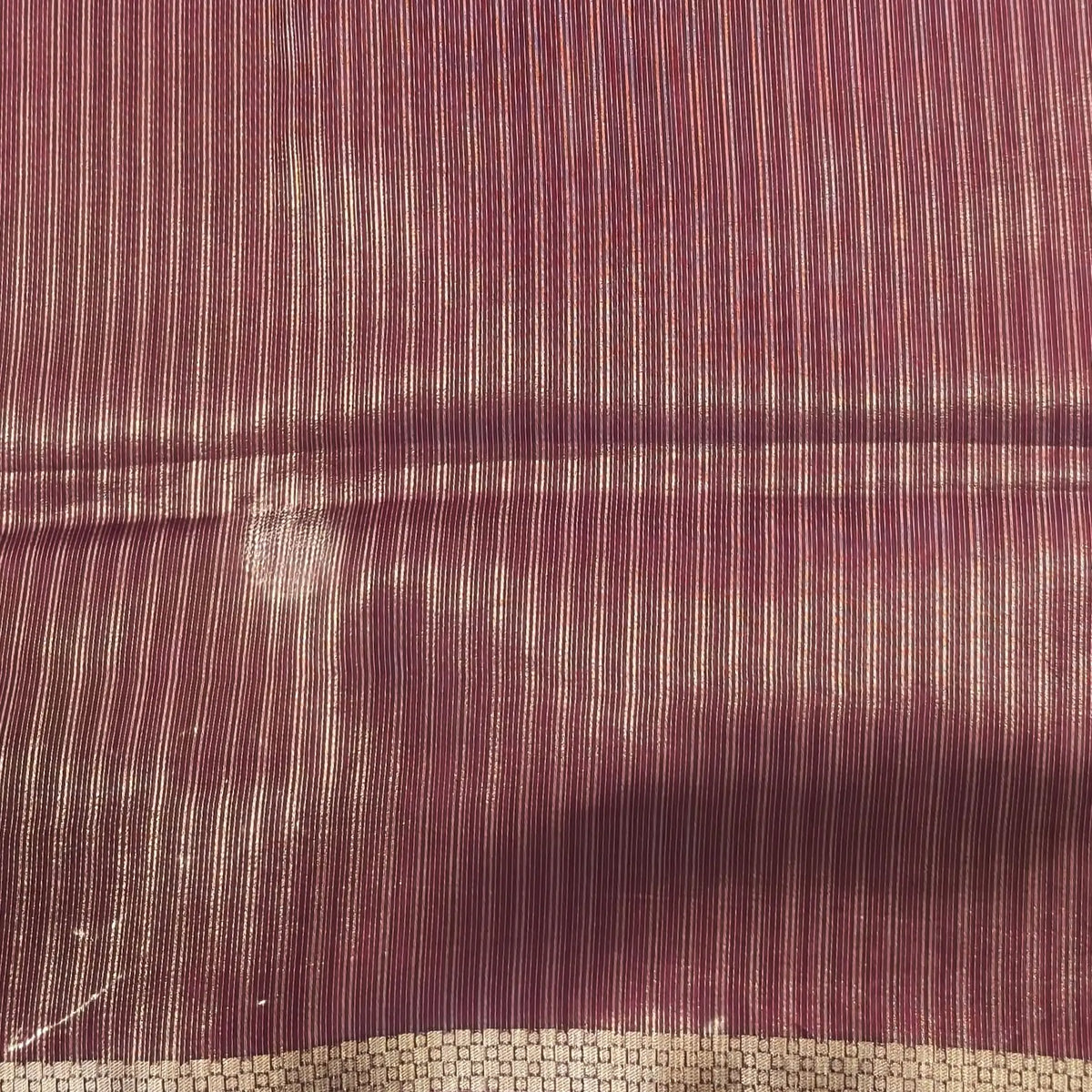 Dark beetroot purple viscous silk saree with zari buttas all over, thin double side zari borders (Thin, Soft) Striped pallu, zari and tissue striped running blouse. NS320