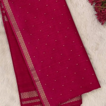 Bright pink viscous silk saree with zari buttas all over, thin double side zari borders (Thin, Soft) Striped pallu, zari and tissue striped running blouse. NS321