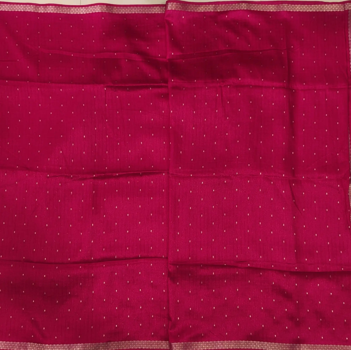 Bright pink viscous silk saree with zari buttas all over, thin double side zari borders (Thin, Soft) Striped pallu, zari and tissue striped running blouse. NS321