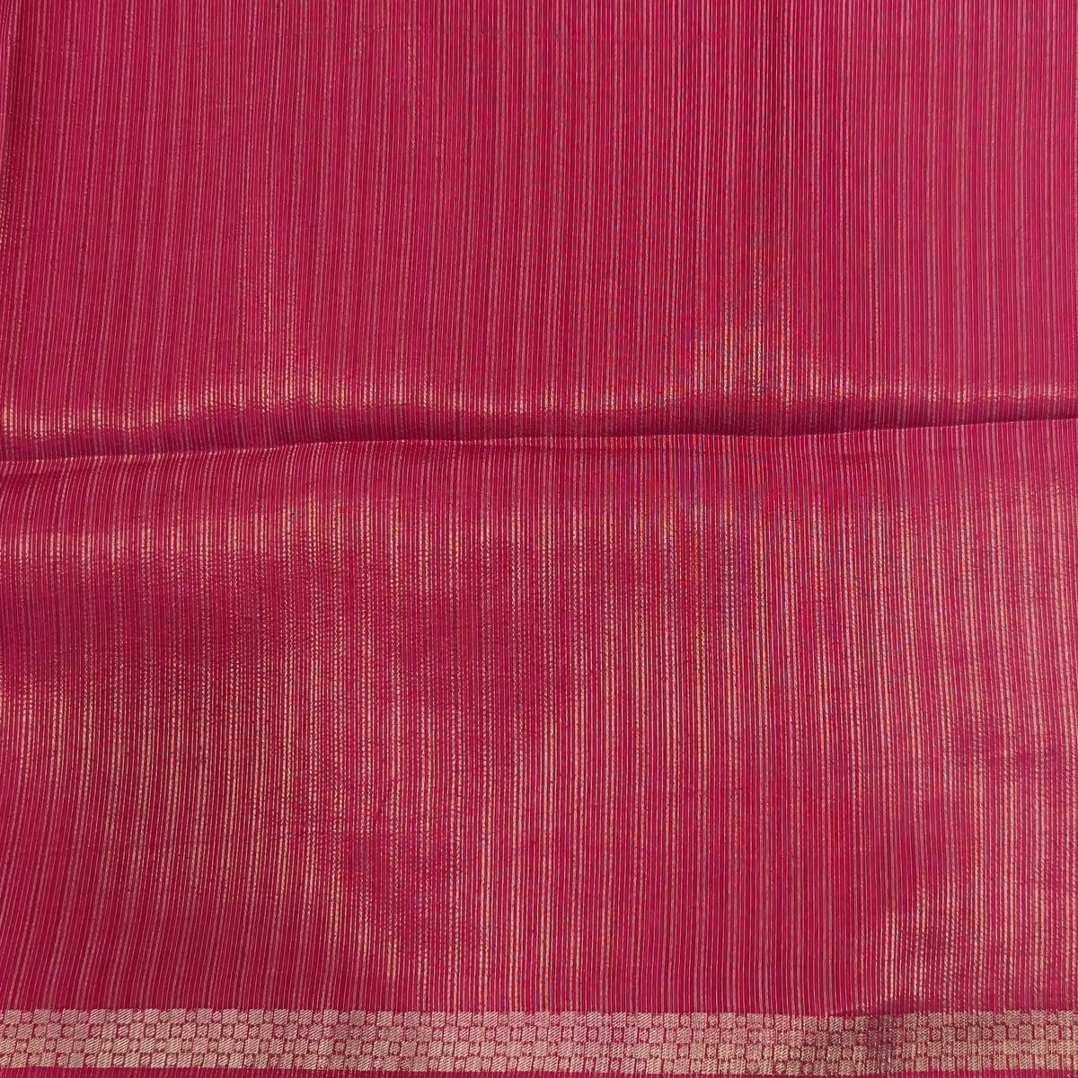 Bright pink viscous silk saree with zari buttas all over, thin double side zari borders (Thin, Soft) Striped pallu, zari and tissue striped running blouse. NS321