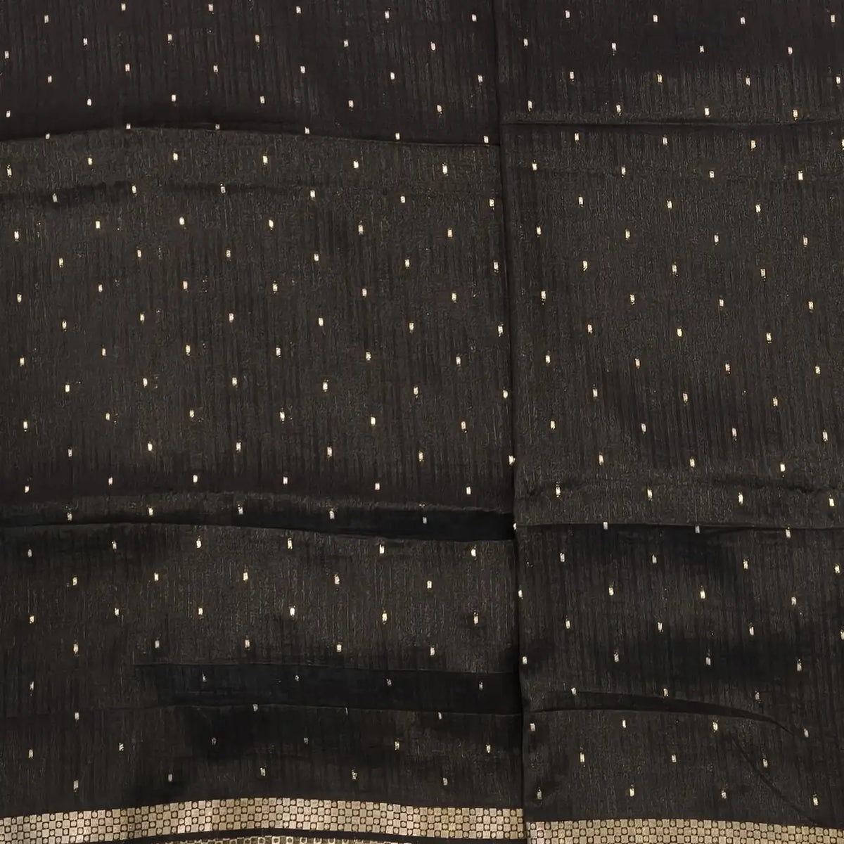 Black viscous silk saree with zari buttas all over, thin double side zari borders (Thin, Soft) Striped pallu, zari and tissue striped running blouse. NS319