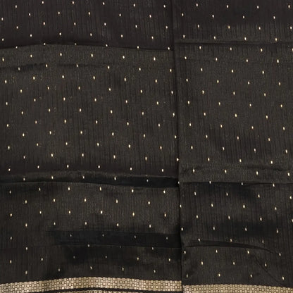 Black viscous silk saree with zari buttas all over, thin double side zari borders (Thin, Soft) Striped pallu, zari and tissue striped running blouse. NS319