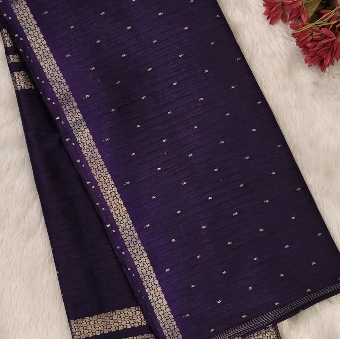 Dark purple viscous silk saree with zari buttas all over, thin double side zari borders (Thin, Soft) Striped pallu, zari and tissue striped running blouse. NS323