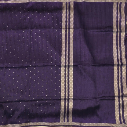 Dark purple viscous silk saree with zari buttas all over, thin double side zari borders (Thin, Soft) Striped pallu, zari and tissue striped running blouse. NS323
