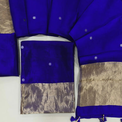 Royal blue pure handwoven katan silk dress material,antic gold zari buttas all over,tissue daman,(Shiny, Silky, Lining Needed)katan silk bottom, antic buttas on handwoven katan silk dupatta with tissue pallu. OC260702