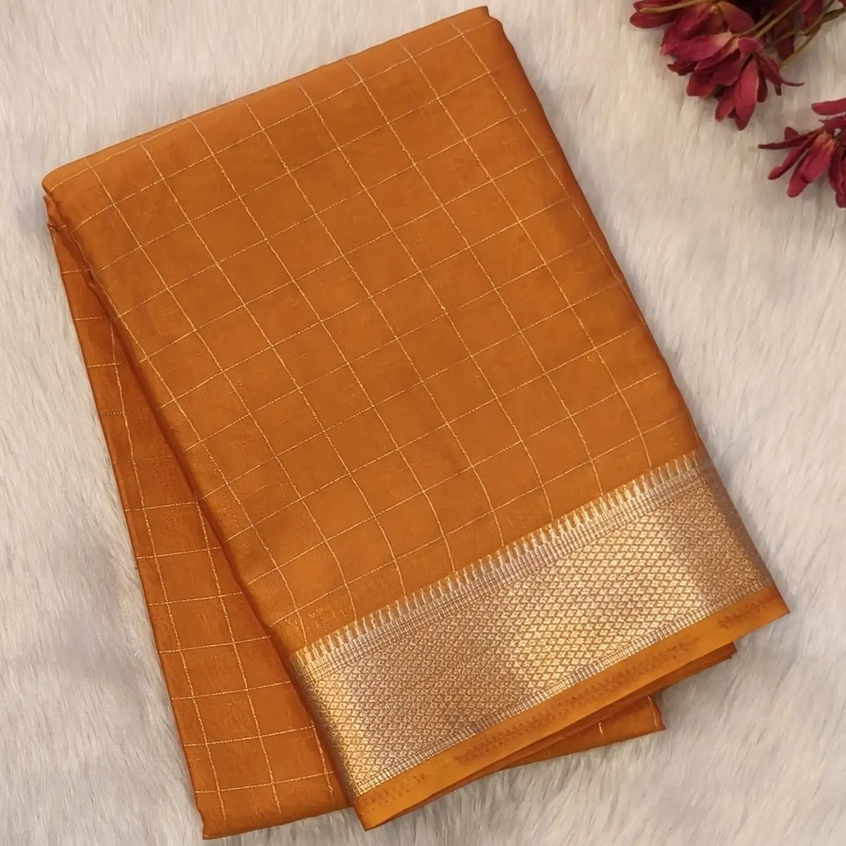 Fenugreek yellow soft fancy crepe silk saree,zari checks all over,(soft,thin)striped tissue pallu,double side zari woven borders,running blouse with zari checks and borders. NS242