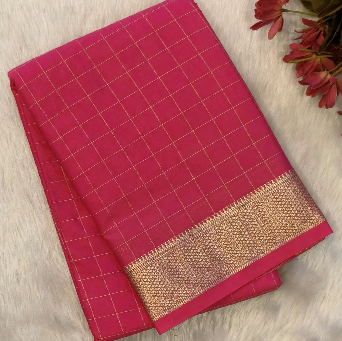 Peachish pink soft fancy crepe silk saree,zari checks all over,(soft,thin)striped tissue pallu,double side zari woven borders,running blouse with zari checks and borders. NS240