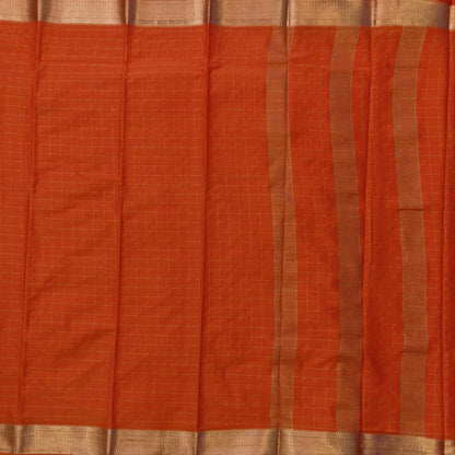 Orange soft fancy crepe silk saree,zari checks all over,(soft,thin)striped tissue pallu,double side zari woven borders,running blouse with zari checks and borders. NS245