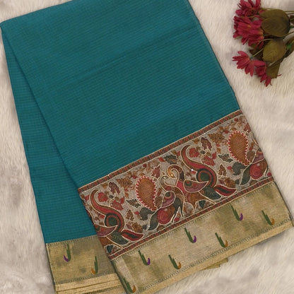 Turquoise blue premium kota silk saree with rich applique embroidered and paithani woven borders(soft, thin)applique and tissue striped pallu,plain kota silk running blouse with paithani borders. NS236
