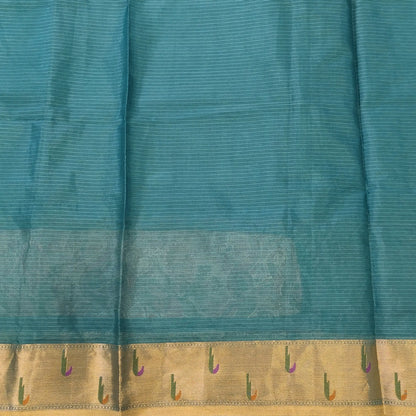 Turquoise blue premium kota silk saree with rich applique embroidered and paithani woven borders(soft, thin)applique and tissue striped pallu,plain kota silk running blouse with paithani borders. NS236