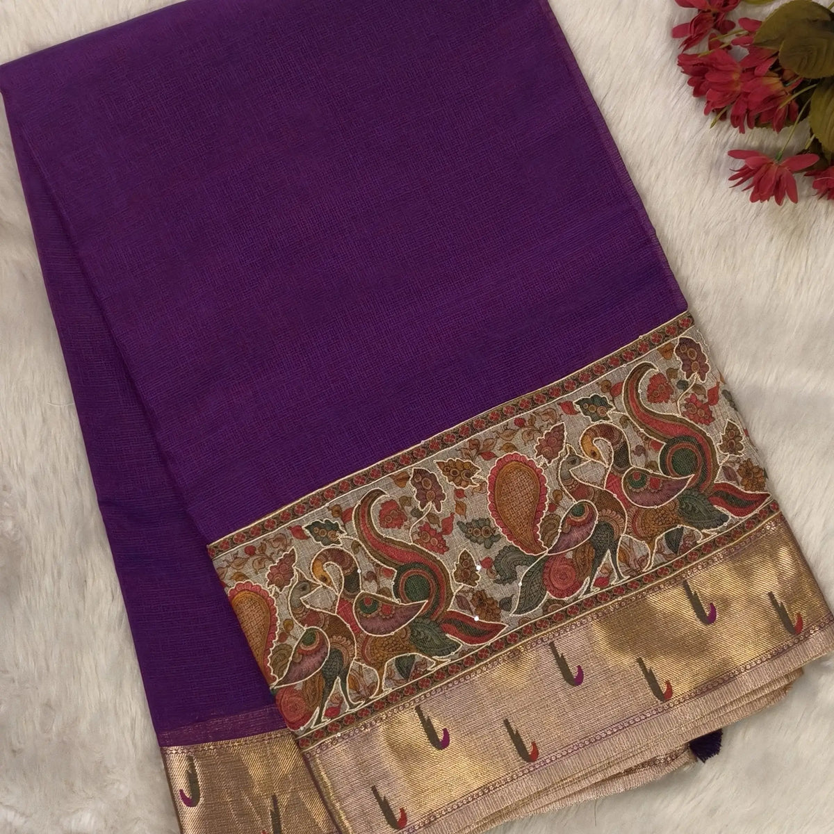 Purple premium kota silk saree with rich applique embroidered and paithani woven borders(soft, thin)applique and tissue striped pallu,plain kota silk running blouse with paithani borders. NS233