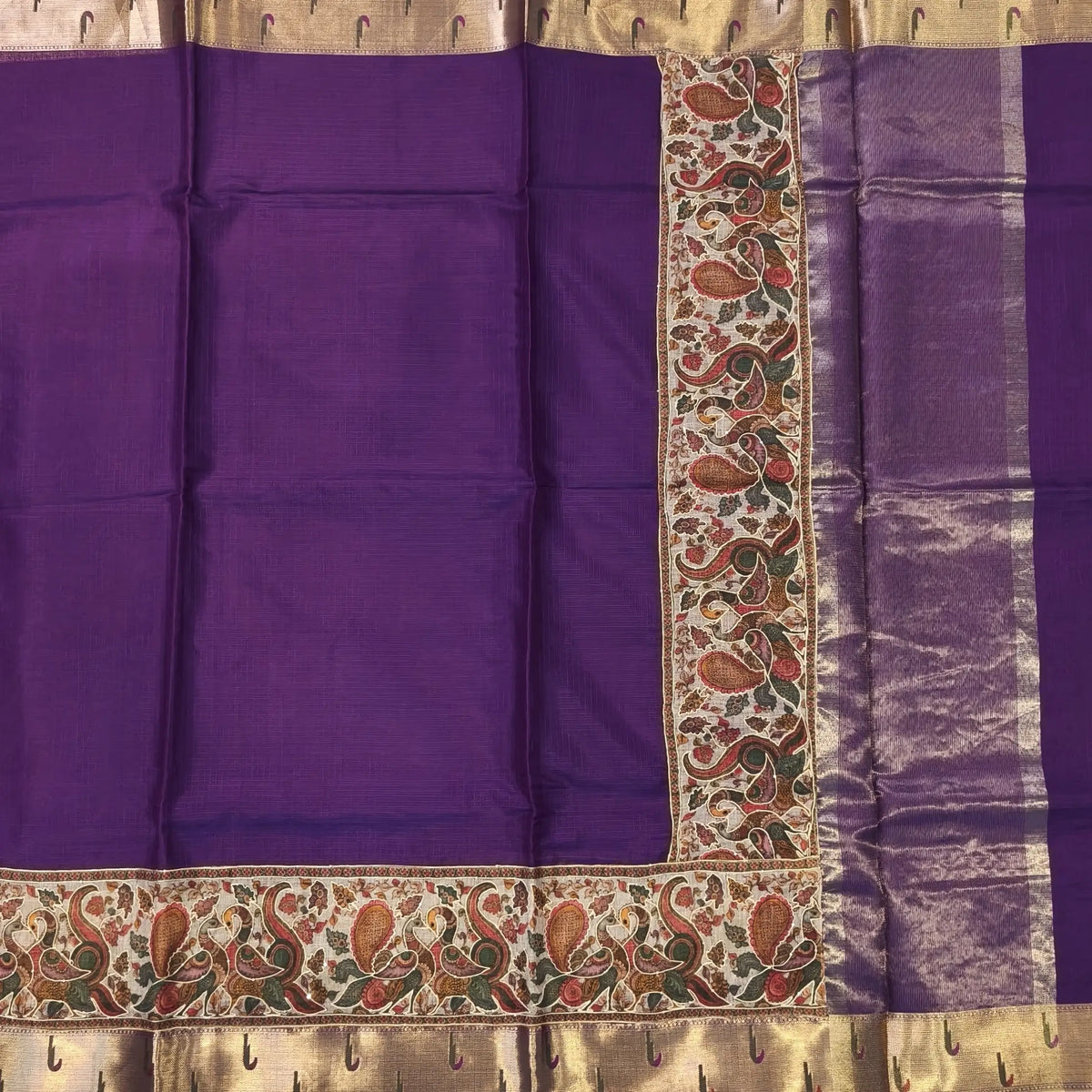 Purple premium kota silk saree with rich applique embroidered and paithani woven borders(soft, thin)applique and tissue striped pallu,plain kota silk running blouse with paithani borders. NS233