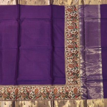 Purple premium kota silk saree with rich applique embroidered and paithani woven borders(soft, thin)applique and tissue striped pallu,plain kota silk running blouse with paithani borders. NS233