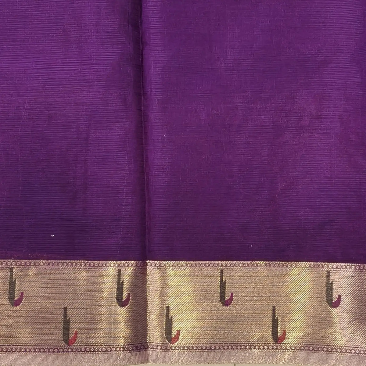 Purple premium kota silk saree with rich applique embroidered and paithani woven borders(soft, thin)applique and tissue striped pallu,plain kota silk running blouse with paithani borders. NS233