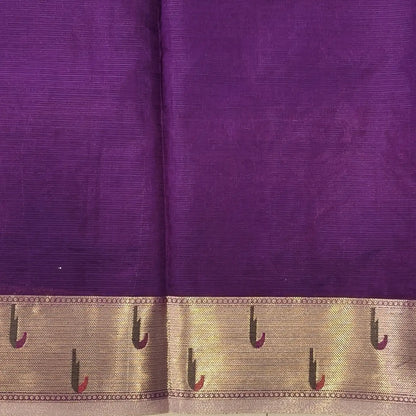 Purple premium kota silk saree with rich applique embroidered and paithani woven borders(soft, thin)applique and tissue striped pallu,plain kota silk running blouse with paithani borders. NS233