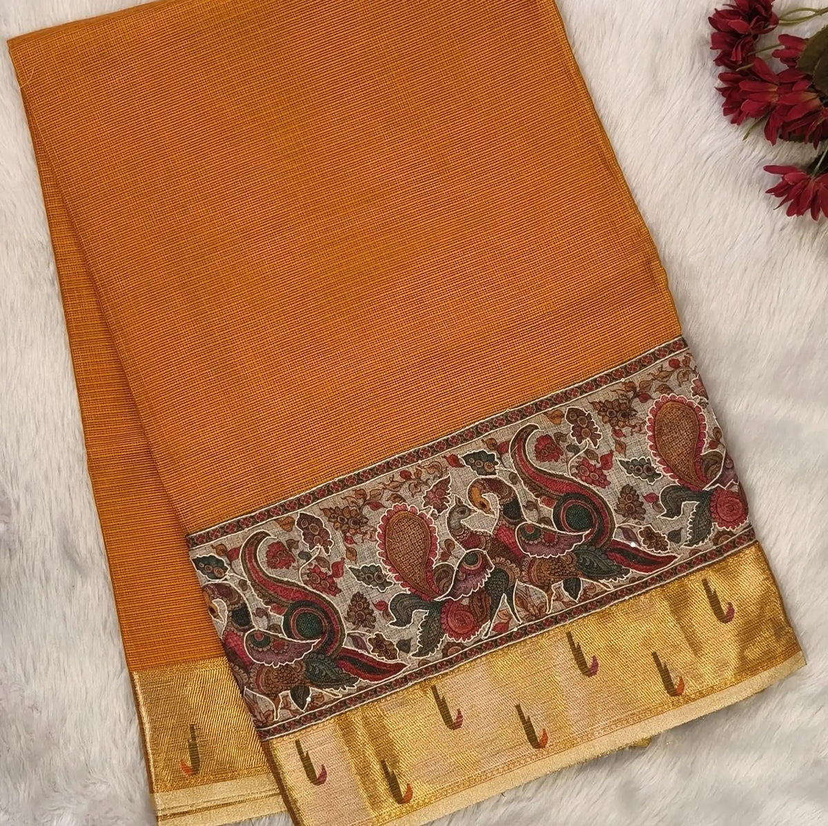 Fenugreek yellow premium kota silk saree with rich applique embroidered and paithani woven borders(soft, thin)applique and tissue striped pallu,plain kota silk running blouse with paithani borders. NS234