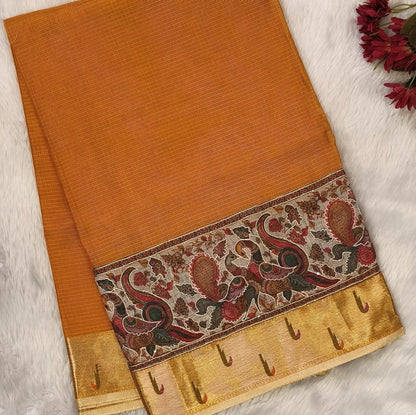 Fenugreek yellow premium kota silk saree with rich applique embroidered and paithani woven borders(soft, thin)applique and tissue striped pallu,plain kota silk running blouse with paithani borders. NS234