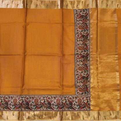 Fenugreek yellow premium kota silk saree with rich applique embroidered and paithani woven borders(soft, thin)applique and tissue striped pallu,plain kota silk running blouse with paithani borders. NS234