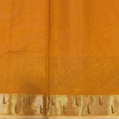 Fenugreek yellow premium kota silk saree with rich applique embroidered and paithani woven borders(soft, thin)applique and tissue striped pallu,plain kota silk running blouse with paithani borders. NS234