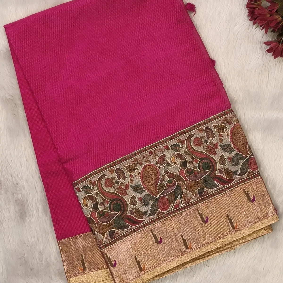 Bright pink premium kota silk saree with rich applique embroidered and paithani woven borders(soft, thin)applique and tissue striped pallu,plain kota silk running blouse with paithani borders. NS235