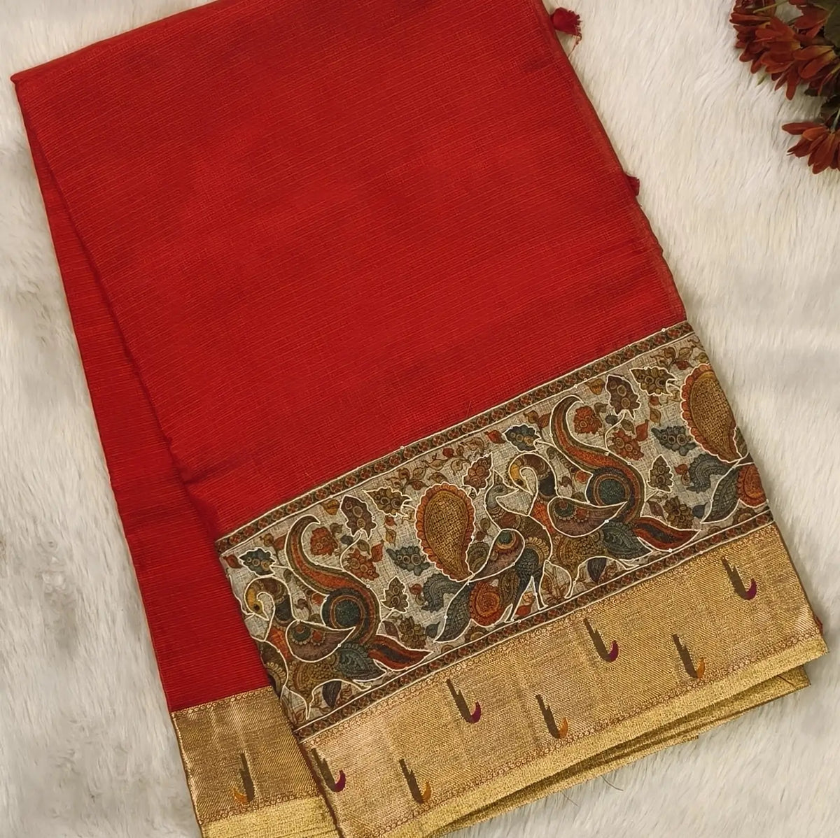 Bright red premium kota silk saree with rich applique embroidered and paithani woven borders(soft, thin)applique and tissue striped pallu,plain kota silk running blouse with paithani borders. NS237
