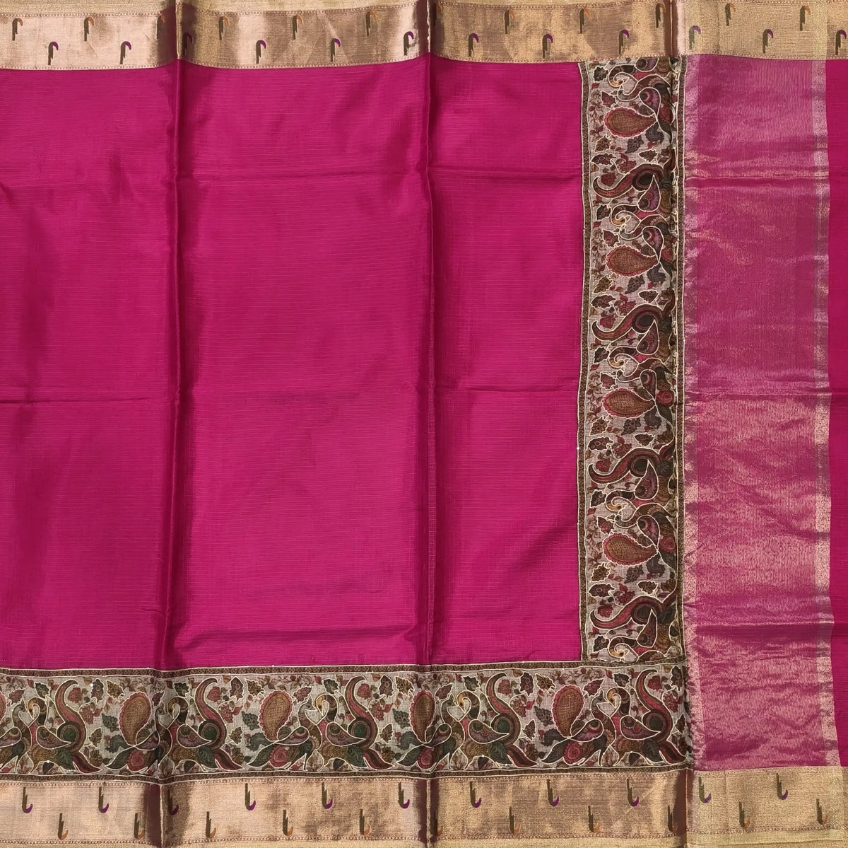 Bright pink premium kota silk saree with rich applique embroidered and paithani woven borders(soft, thin)applique and tissue striped pallu,plain kota silk running blouse with paithani borders. NS235
