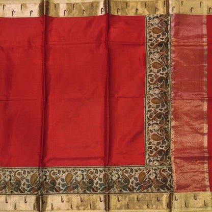 Bright red premium kota silk saree with rich applique embroidered and paithani woven borders(soft, thin)applique and tissue striped pallu,plain kota silk running blouse with paithani borders. NS237