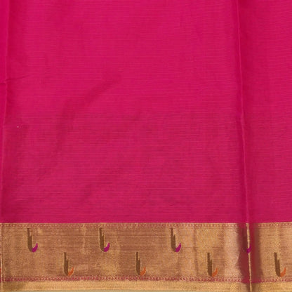 Bright pink premium kota silk saree with rich applique embroidered and paithani woven borders(soft, thin)applique and tissue striped pallu,plain kota silk running blouse with paithani borders. NS235