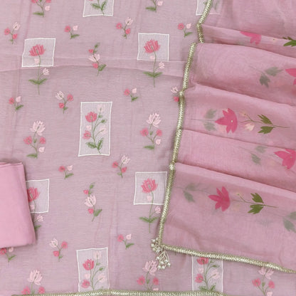 Designer pastel pink mul chanderi unstitched salwar material,rich floral thread embroidery work on front, ( soft,lining needed)santoon bottom, hand brush paint work on mul chanderi dupatta with lace tapping and beaded tassles. OC260902