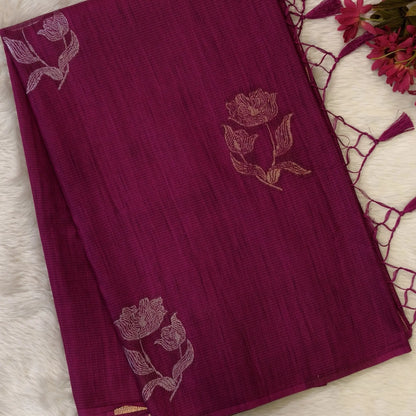 Dark beetroot purple premium ribbed silk saree(textured,thin)with silver and antique gold zari,weaving all over,antique gold zari woven pallu,running blouse with zari woven buttas and borders. NS249