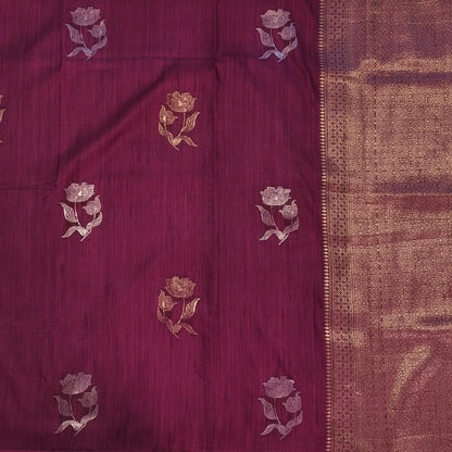 Dark beetroot purple premium ribbed silk saree(textured,thin)with silver and antique gold zari,weaving all over,antique gold zari woven pallu,running blouse with zari woven buttas and borders. NS249
