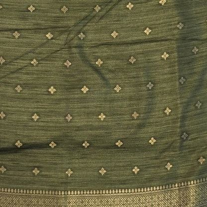 Sage green premium ribbed silk saree(textured,thin)with silver and antique gold zari,weaving all over,antique gold zari woven pallu,running blouse with zari woven buttas and borders. NS252