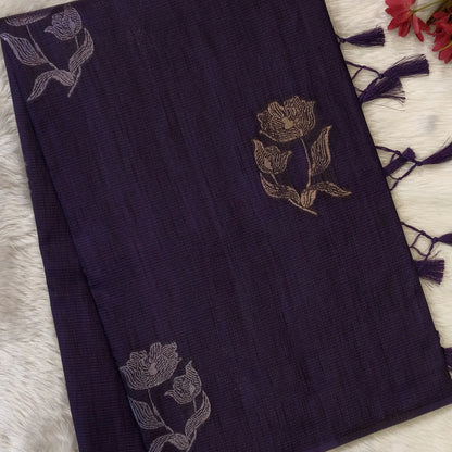 Dark purple premium ribbed silk saree(textured,thin)with silver and antique gold zari,weaving all over,antique gold zari woven pallu,running blouse with zari woven buttas and borders. NS255