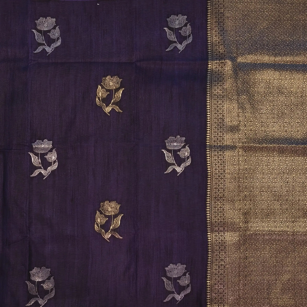 Dark purple premium ribbed silk saree(textured,thin)with silver and antique gold zari,weaving all over,antique gold zari woven pallu,running blouse with zari woven buttas and borders. NS255
