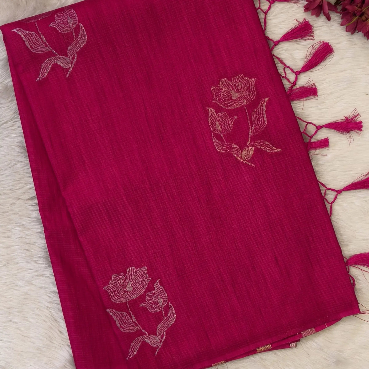 Bright pink premium ribbed silk saree(textured,thin)with silver and antique gold zari,weaving all over,antique gold zari woven pallu,running blouse with zari woven buttas and borders. NS247