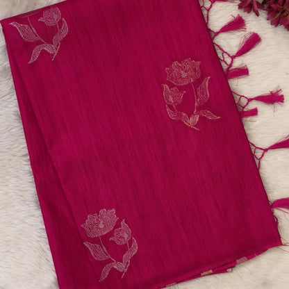 Bright pink premium ribbed silk saree(textured,thin)with silver and antique gold zari,weaving all over,antique gold zari woven pallu,running blouse with zari woven buttas and borders. NS247
