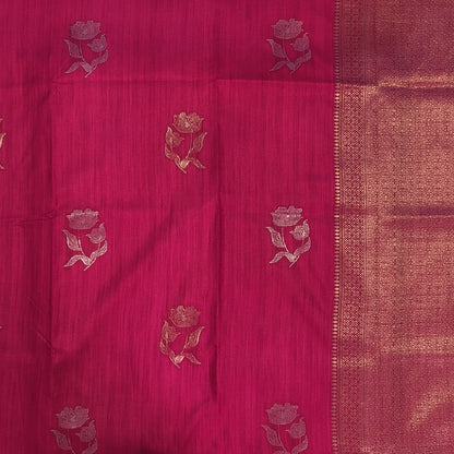 Bright pink premium ribbed silk saree(textured,thin)with silver and antique gold zari,weaving all over,antique gold zari woven pallu,running blouse with zari woven buttas and borders. NS247