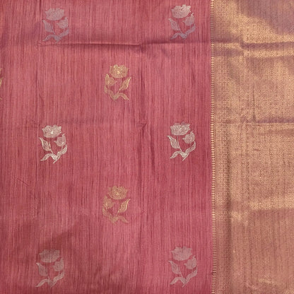 Onion pink premium ribbed silk saree(textured,thin)with silver and antique gold zari,weaving all over,antique gold zari woven pallu,running blouse with zari woven buttas and borders. NS254