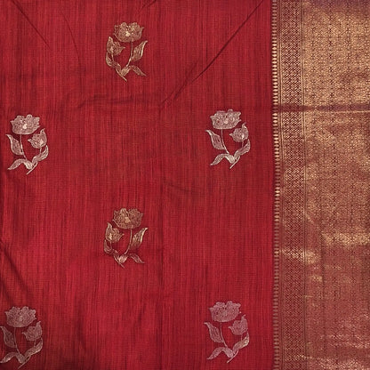 Red premium ribbed silk saree(textured,thin)with silver and antique gold zari,weaving all over,antique gold zari woven pallu,running blouse with zari woven buttas and borders. NS251