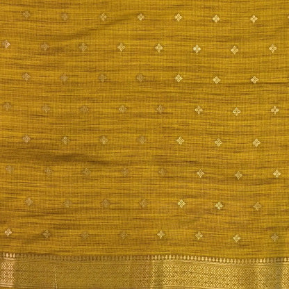 Fenugreek yellow premium ribbed silk saree(textured,thin)with silver and antique gold zari,weaving all over,antique gold zari woven pallu,running blouse with zari woven buttas and borders. NS253